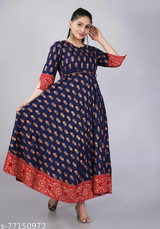 Gold Printed Rayon Anarkali Kurta with Dori, three-quarter sleeves, traditional Indian fashion