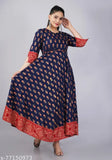 Gold Printed Rayon Anarkali Kurta with Dori, three-quarter sleeves, traditional Indian fashion