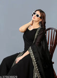 Black cotton silk kurta, palazzo set with dupatta. Stylish, sleeveless, and stitched net design. Ideal for various occasions, coordinated ensemble. Single piece, XL (Bust 42in, Shoulder 15in) or XXL (Bust 44in, Shoulder 16in). Origin: India