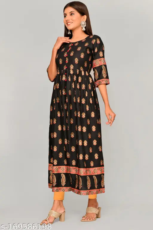 New rayon printed Anarkali gown kurtis, three-quarter sleeves, vibrant combo. Traditional Indian fashion for functions, festivals, parties, and weddings." (108 characters)