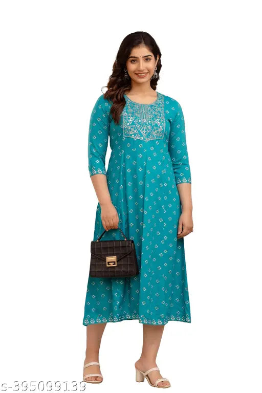 Embroidered Rayon Cotton Flared Anarkali Kurta in Wine Pink Blue Firozi Colors, perfect for weddings, festive, and party wear
