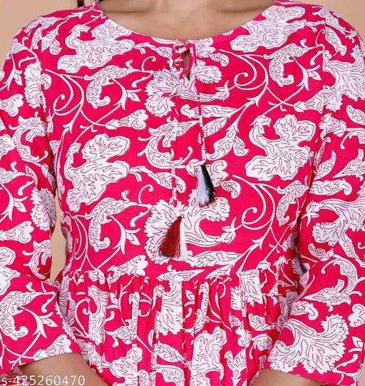 Pink cotton blend Anarkali kurtas & palazzos with printed net pattern, three-quarter sleeves. India-origin fashion set for women's sizes S-XXL