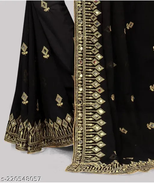 Embellished Georgette saree with mirror work, free size, Indian embroidery on traditional blouse