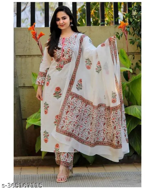 Floral printed viscose-chanderi cotton straight kurta set with dupatta and bottomwear, three-quarter sleeves, size S-XXL, India origin
