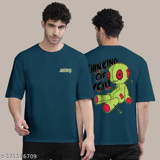 Navy blue cotton blend round t-shirt with back print, short sleeves for men's casual wear