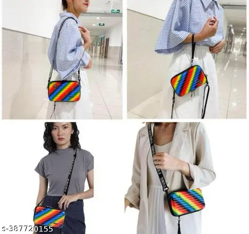 Designer acrylic colorblock slingbag, free size with removable strap. Portable, lightweight, and spacious for cosmetics and travel essentials. High-quality gift option for any occasion