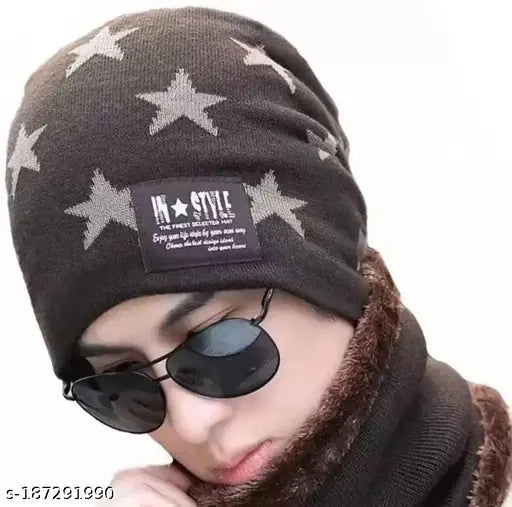Stylish, wool-lined women's acrylic cap & neck scarf, ideal for winter warmth & trendy looks