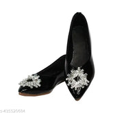 Dimond patch black patent leather ballerinas, textured slip-on ballet shoes for women - India origin
