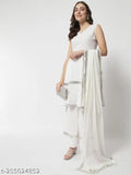 Offwhite rayon dupatta set with kurta and bottomwear for women, solid pattern, sleeveless design, eye-catching accessory for weddings, festivals, and parties. Indian-made