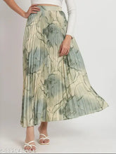 Premium quality printed polyester A-line long skirt, elegant and versatile for various occasions, pleated design with elastic waistband. Available sizes: 28, 30, 32, 34, 36, 38 (India origin)