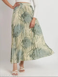 Premium quality printed polyester A-line long skirt, elegant and versatile for various occasions, pleated design with elastic waistband. Available sizes: 28, 30, 32, 34, 36, 38 (India origin)