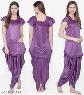 Satin nightdress for women & girls by Aely Shine Enterprises, self-designed net pattern on soft satin fabric, partial Patiala pants with short sleeves and regular fit