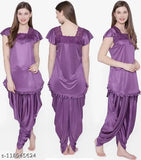 Satin nightdress for women & girls by Aely Shine Enterprises, self-designed net pattern on soft satin fabric, partial Patiala pants with short sleeves and regular fit
