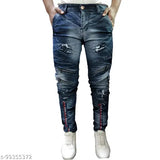 Men's cotton blend black jeans, dyed/washed for everyday comfort and style. Made with stretch fabric for added comfort. Perfect for casual wear. Size: 28 (waist 28in, length 40in), 30 (waist 30in, length 40in), 32 (waist 32in, length 41in). Made in India