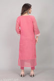 Pink A-Line Straight Embroidered Cotton Kurti with Three-Quarter Sleeves, L (Bust Size: 42 in, Size Length: 43 in)