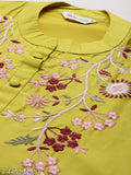 Lemon yellow cotton blend tunic & trouser coord set, embroidered, three-quarter sleeves