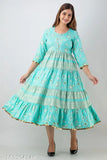 Rayon Charvi Petite Anarkali Gown, long and ethnic for women with three-quarter sleeves, printed combo. M size (38in bust, 48in length), India origin
