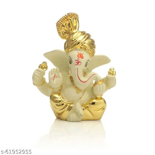 Gold-plated ceramic Ganesh idol for car dashboard, handcrafted Indian art piece with intricate details, 10cm x 10cm x 10cm