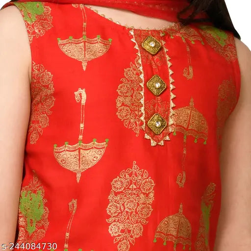 Red rayon sharara set with c-cut print, trending fashion for girls aged 2-8 years, India origin