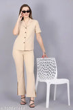 Cream/Black/Wine Clothink India formal/casual office co-ord set: short-sleeve shirt with pant featuring 2 side pockets, suitable for work and meetings
