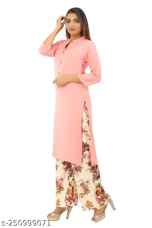 Viscose rayon solid-colored kurta plazzo set with three-quarter sleeves, Indian fashion for women