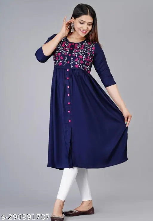 Rayon Anarkali Floral Kurti, elegant women's ethnic wear with three-quarter sleeves, available in various sizes S-XXXXL