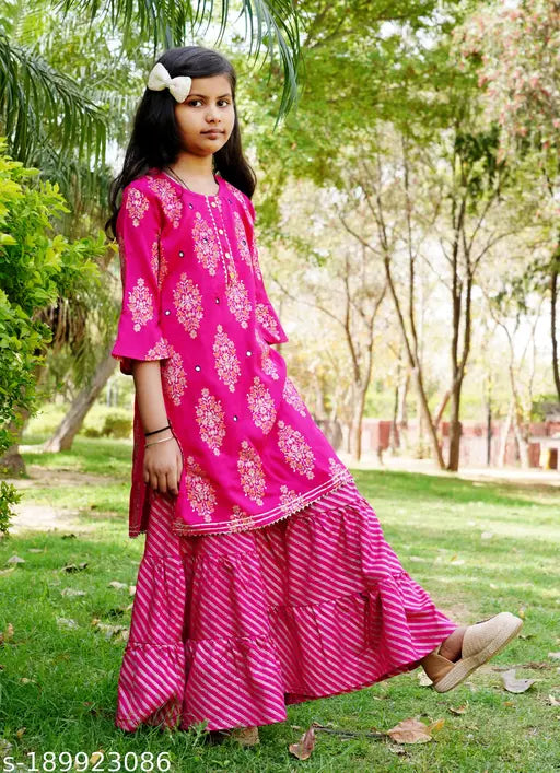 Rayon kids kurta set with bottomwear and art silk dupatta, three-quarter sleeves, printed in vibrant Indian patterns for ages 3-16