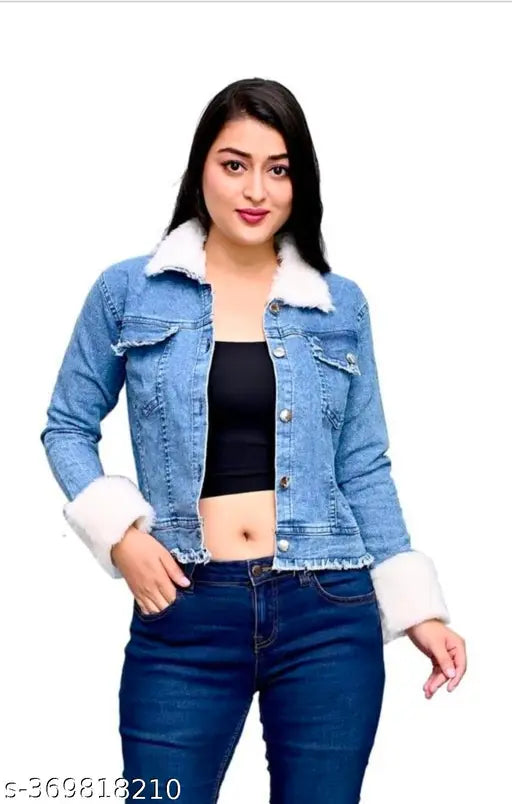 Dark aqua blue denim fur peplum jacket for women, long sleeves, winter wear, India origin