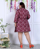 Multicolor cotton A-line dress, three-quarter sleeves, printed net design for women, multiple sizes available from XXL to 8XL