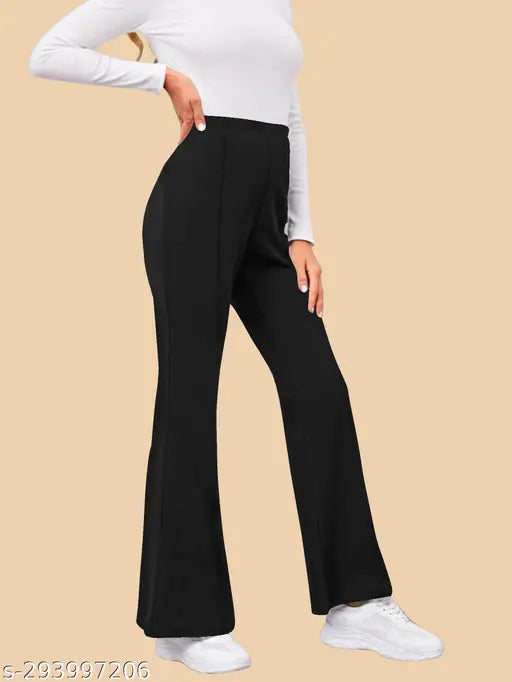 Casual polyester blend high-waist elastic band trouser, solid color, stylish pleats - women's size 26, 28, 32, 36 (India origin)