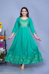 Rayon Solid Anarkali Kurta, gold embroidered yoke, zari woven pattern, three-quarter sleeve length for women and girls, available in M-6XL sizes