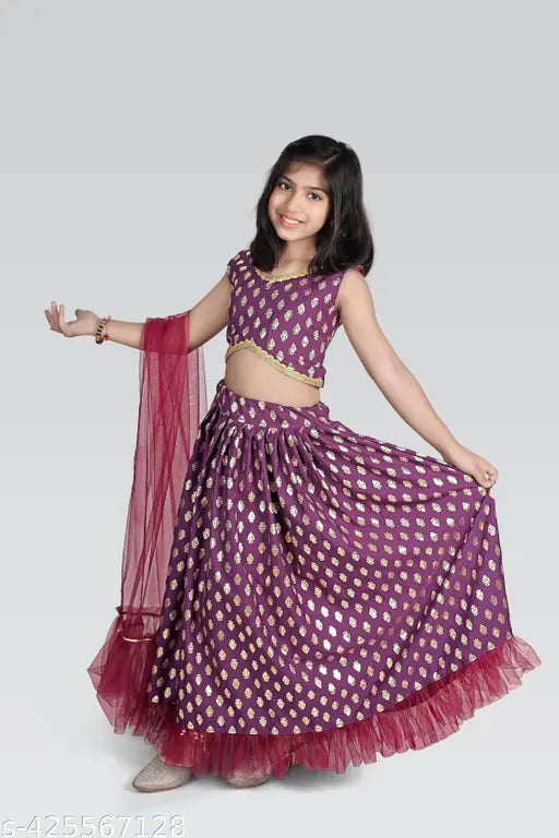 Acrylic-crepe lehenga choli set with net dupatta, Aari work stitching, sleeveless, for girls aged 6 months to 5 years. Indian handcrafted traditional outfit on mannequin