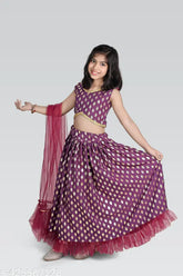 Acrylic-crepe lehenga choli set with net dupatta, Aari work stitching, sleeveless, for girls aged 6 months to 5 years. Indian handcrafted traditional outfit on mannequin