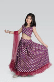 Acrylic-crepe lehenga choli set with net dupatta, Aari work stitching, sleeveless, for girls aged 6 months to 5 years. Indian handcrafted traditional outfit on mannequin