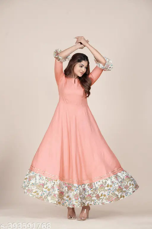 Peach rayon Anarkali kurti, keyhole neck design, suitable for all occasions