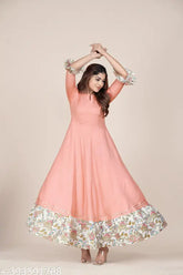 Peach rayon Anarkali kurti, keyhole neck design, suitable for all occasions