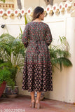 Printed colorful rayon Anarkali with three-quarter sleeves, vibrant Indian print on woman wearing the dress