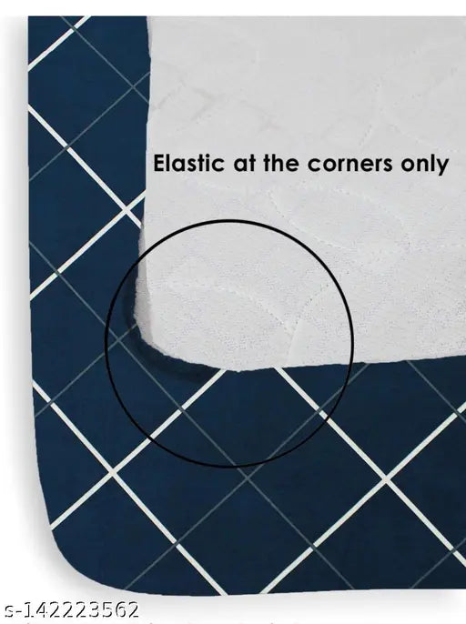 Glace cotton fitted king size double bed sheet with 2 pillow covers, blue and checkered pattern. Elastic corners for perfect fit on mattresses up to 8 inches deep. Machine washable
