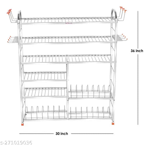 Stainless steel kitchen organizer, 6-shelf utensils rack with plate and cutlery stand, modular storage for efficient kitchen space, 36 H x 30 L inches (lower 3 plate)