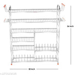 Stainless steel kitchen organizer, 6-shelf utensils rack with plate and cutlery stand, modular storage for efficient kitchen space, 36 H x 30 L inches (lower 3 plate)