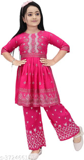 Viscose Rayon A-line Kurta with embellished three-quarter sleeves and palazzo bottom, intricately designed for modern girls aged 5-12. Indian fashion blend of comfort and elegance