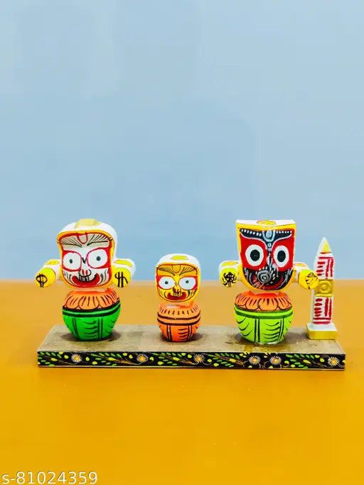 Marble & wood handicraft idol of lord Jagannath Balabhadra, Devi Shubhadra - exquisite Indian artifact, 14cm x 7cm x 0.5cm