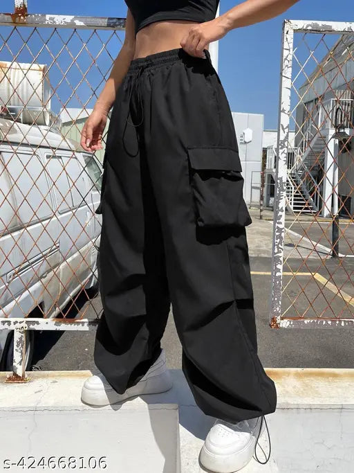 Black polyester women's loose-fit high waist cargo pants with multiple pockets, perfect for casual outings and adventures