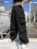 Black polyester women's loose-fit high waist cargo pants with multiple pockets, perfect for casual outings and adventures