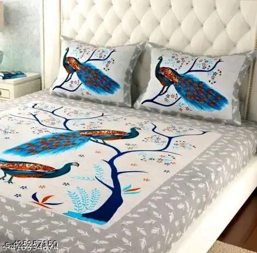Rajasthani 100% Jaipuri cotton King size Double bedsheet with 2 peacock-patterned pillow covers - superfine, summer-ready flat sheets for adults