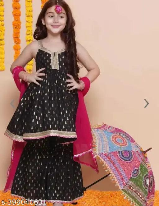 Black kids party sharara set, rayon anarkali with printed sleeves, featuring dupatta. Suitable for children aged 5-12 years. Indian traditional wear for special occasions