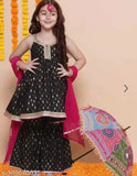 Black kids party sharara set, rayon anarkali with printed sleeves, featuring dupatta. Suitable for children aged 5-12 years. Indian traditional wear for special occasions