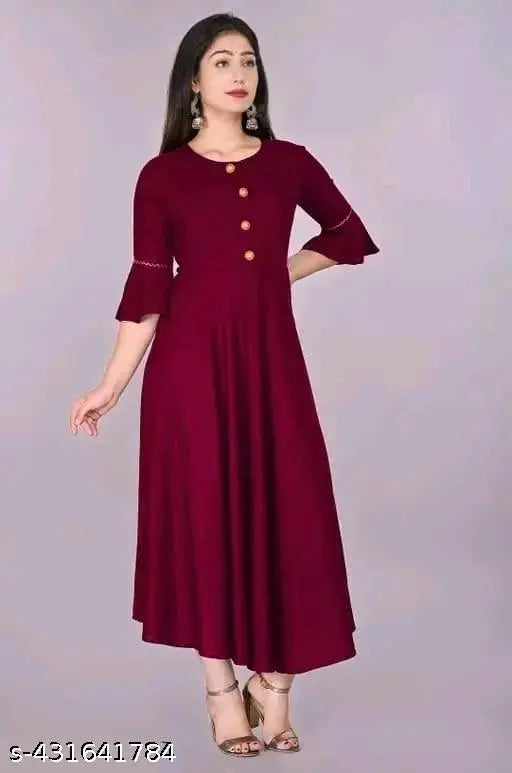 Maroon rayon Anar kali kurti, classic Indian maxi dress with three-quarter sleeves