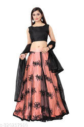 Peach embroidered art silk Lehenga Choli with net dupatta, Nepyun Collection. Indian semi-stitched ensemble for festive or wedding wear