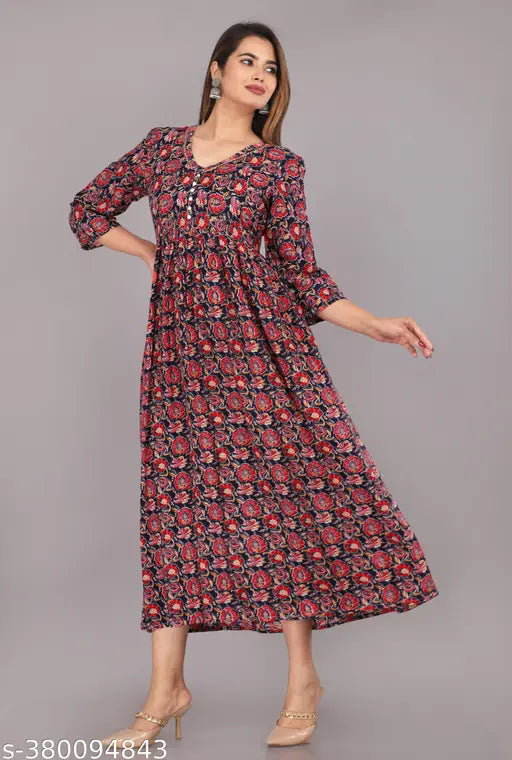 Printed PomPom Anarkali rayon dress, three-quarter sleeves, vibrant design. Indian women's fashion, comfortable cotton and rayon blend